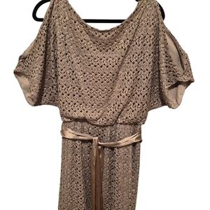 Beige Crochet Cold-Shoulder Dress with Satin Belt